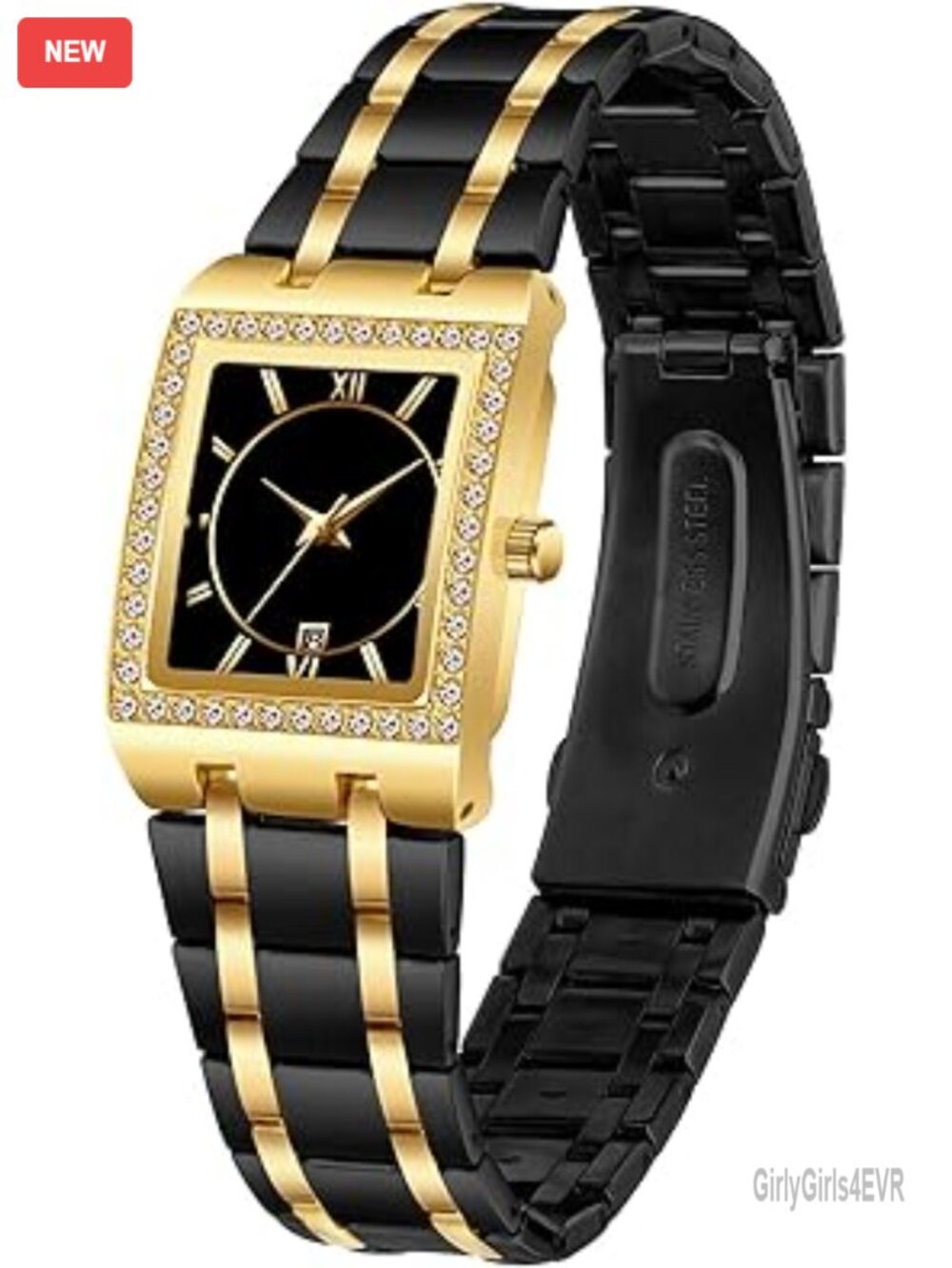 Stainless Steel Bracelet Watch Square Diamond Bezel Analog Quartz Waterproof
